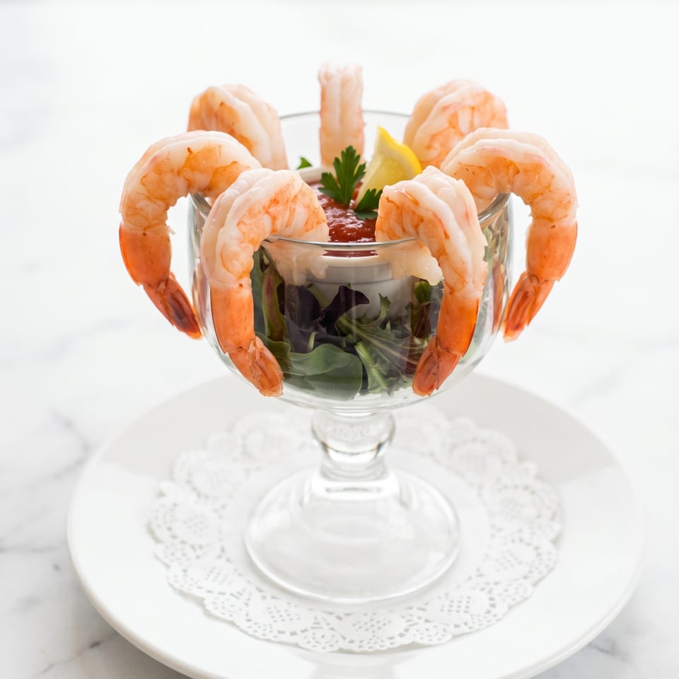 Shrimp cocktail in a glass with cocktail sauce, lemon, and greens on a white plate.