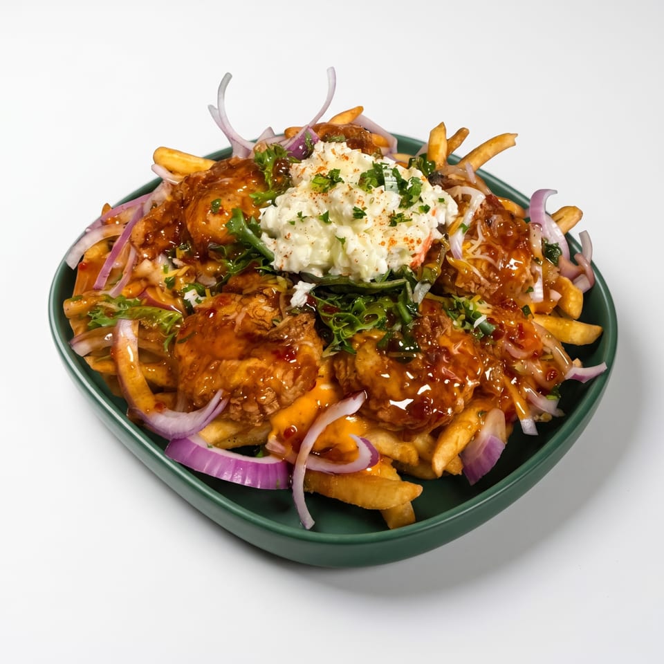 Loaded fries with chicken, coleslaw, red onions, and sauce in a green bowl.