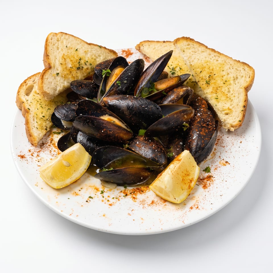 Steamed mussels in a rich sauce, garnished with lemon wedges, herbs, and toasted bread.
