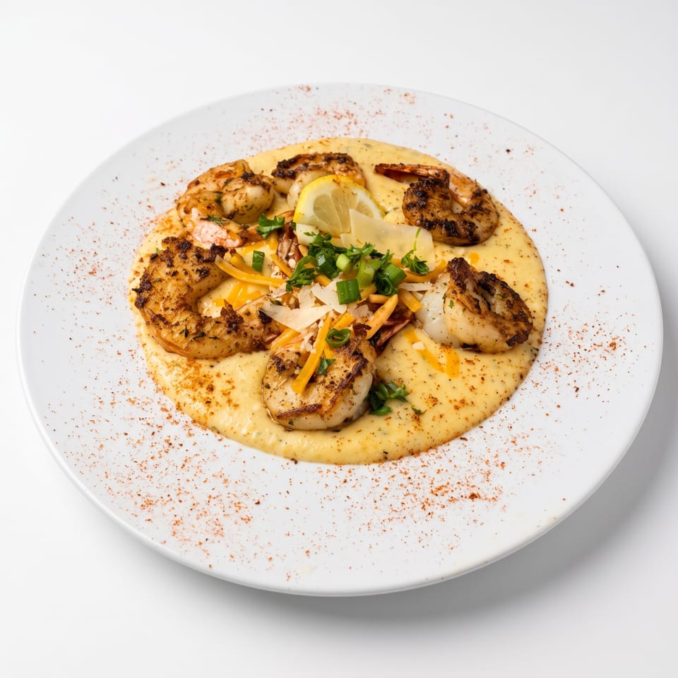 Shrimp and grits with cheese, green onions, parsley, and a lemon slice on a white plate.